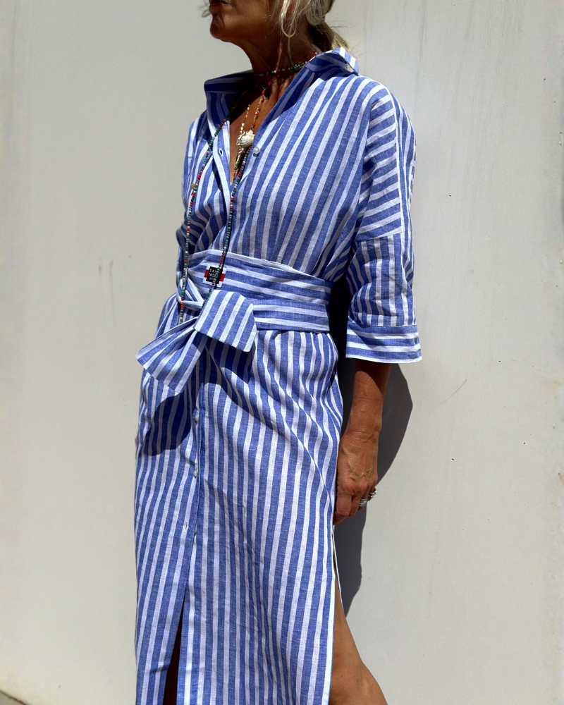 Striped Stand Collar Shirt Dress