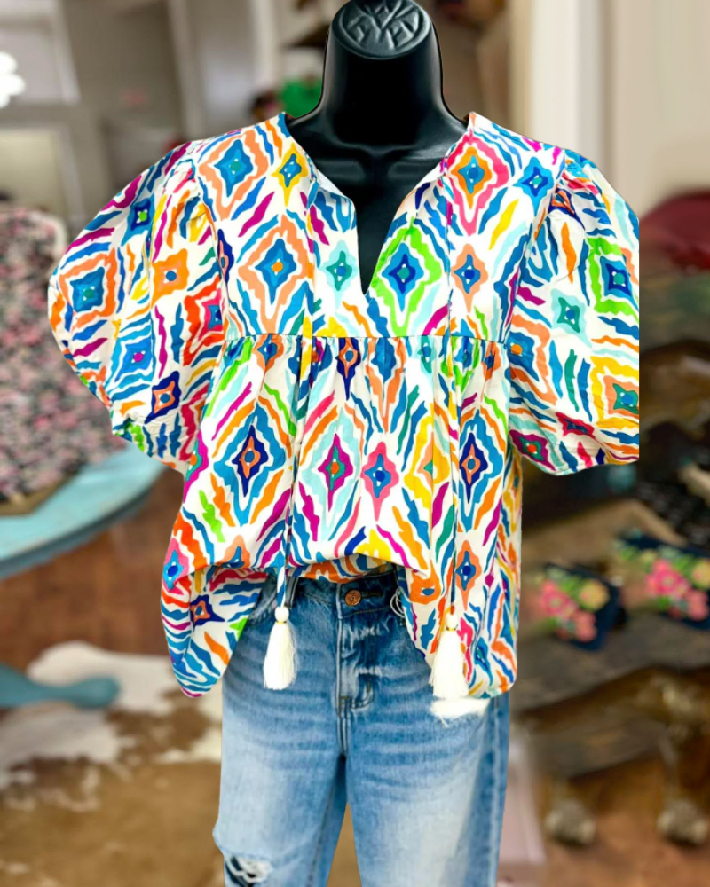 Tassel Tie Multi Color Print Top