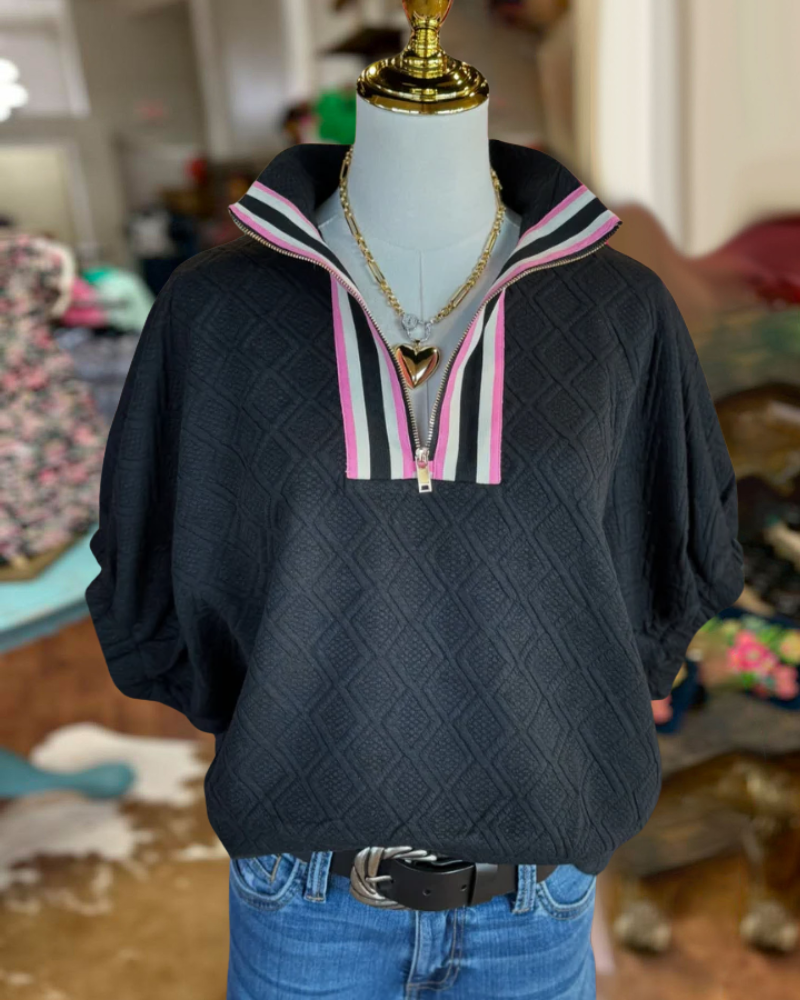 Stripe Trim Quilted Half-Zip Pullover