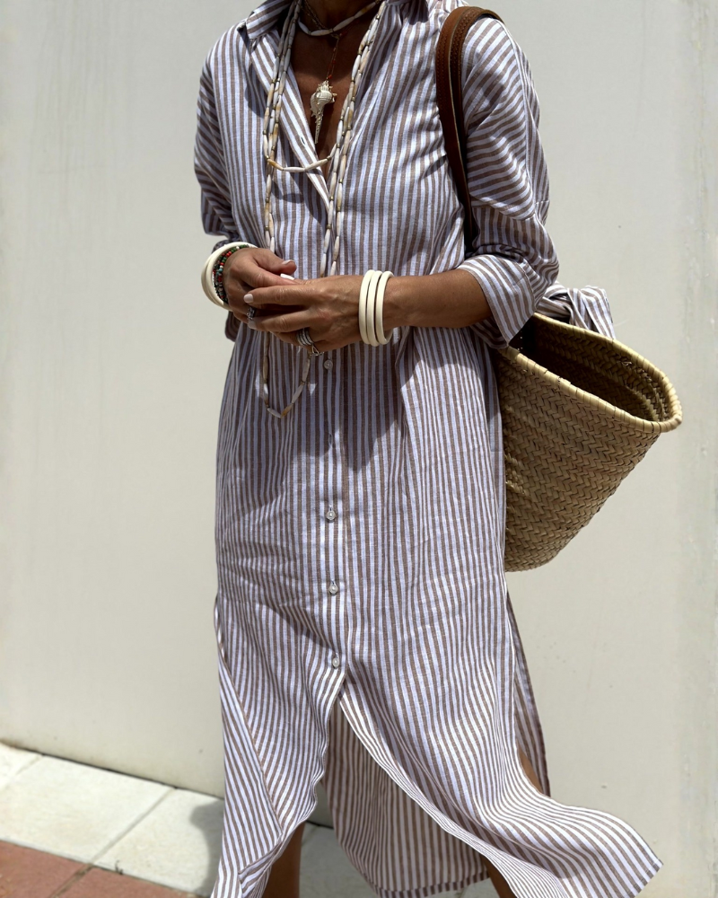Striped Stand Collar Shirt Dress