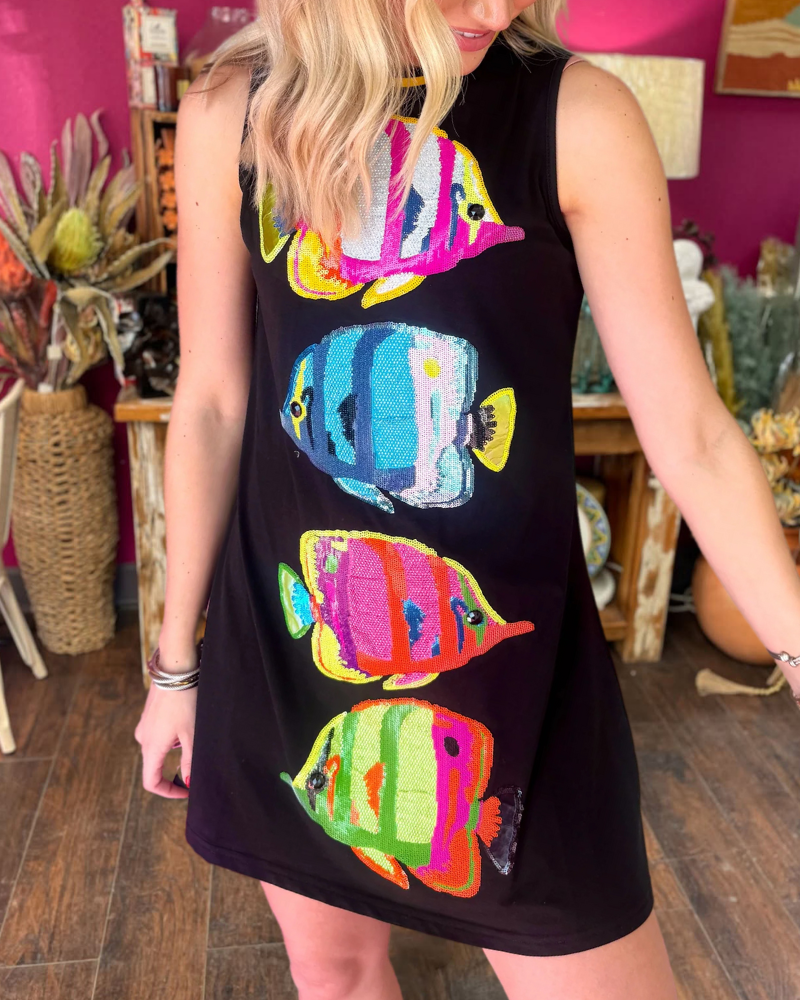 Tropical Fish Embroidered Mini Dress
