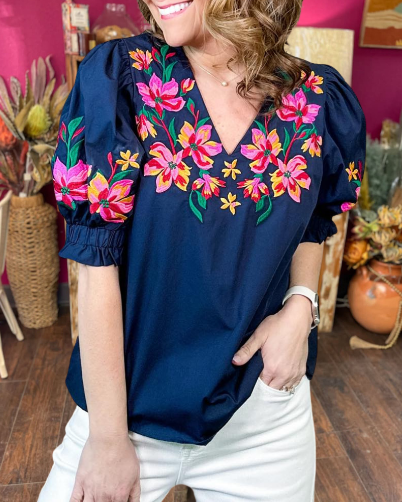 Bright Floral Embroidered V-neck Top