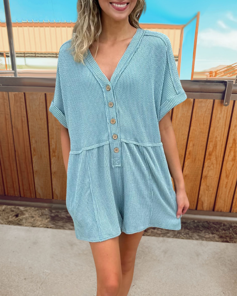 Ribbed Half Collar Button Jumpsuit