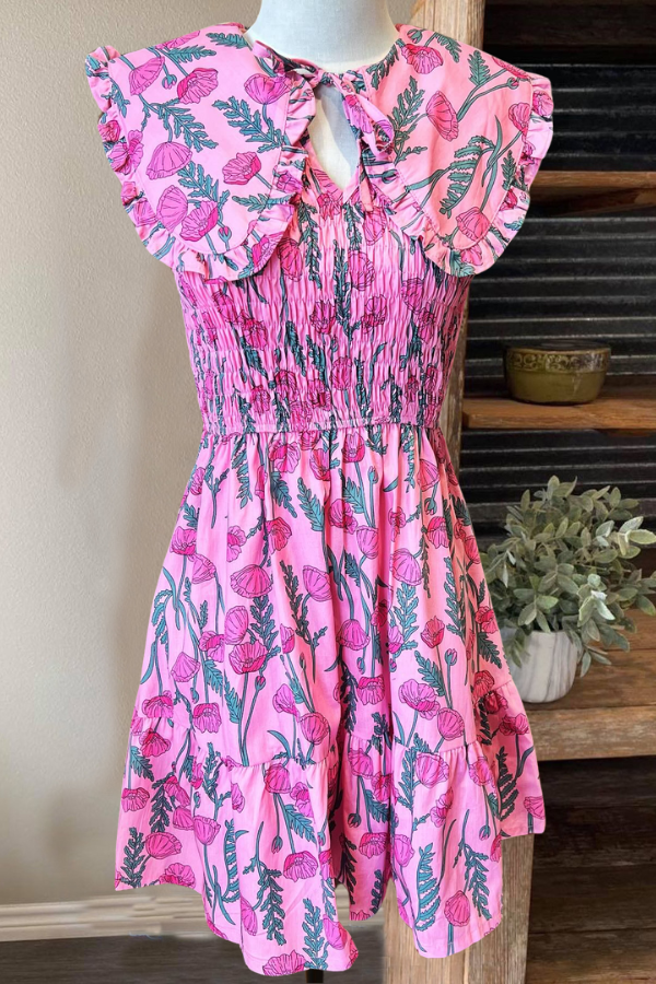 Glam Floral Pleated Lapel Dress