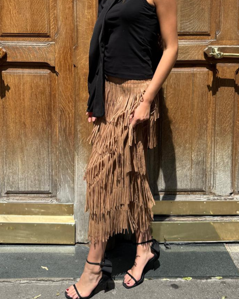 Layered Tassel Suede Midi Skirt