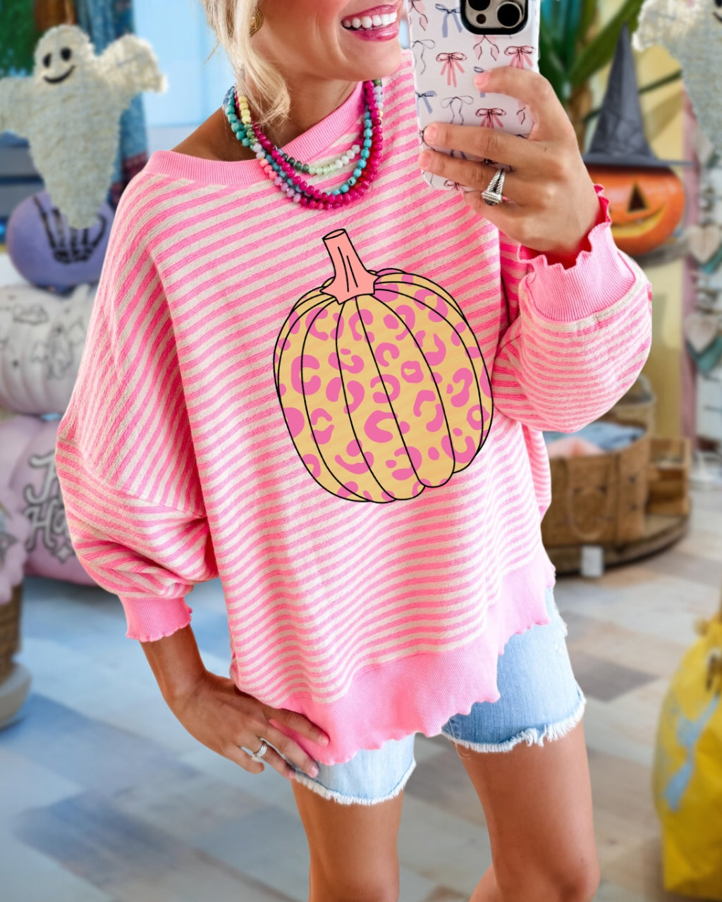 Fun Leopard Pumpkin Stripe Pullover