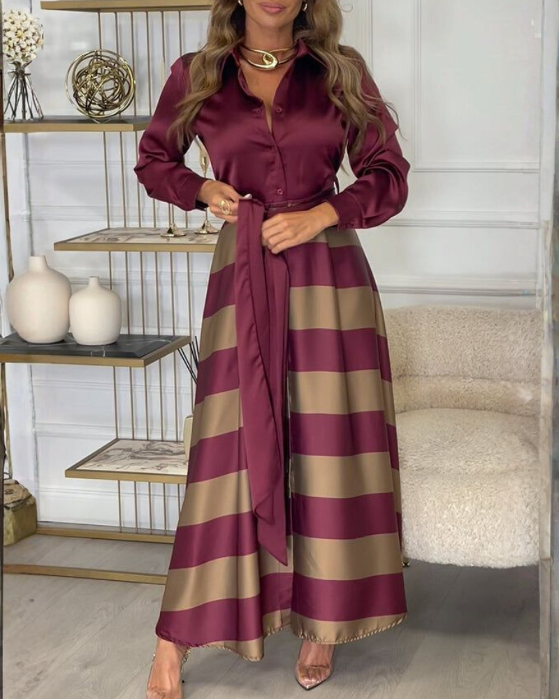 Striped Tie Stand Collar Satin Dress