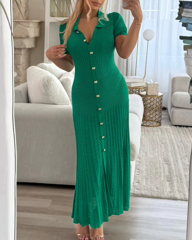 Ribbed Lapel Elastic Maxi Dress