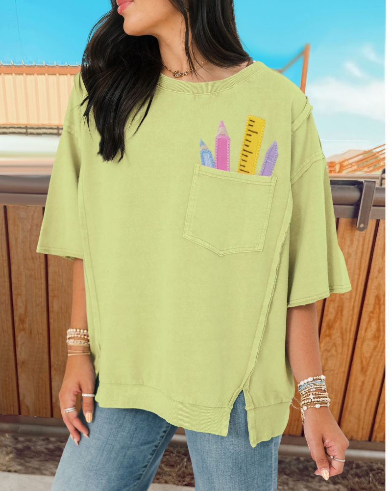 School Supplies Embroidered Pocket Top