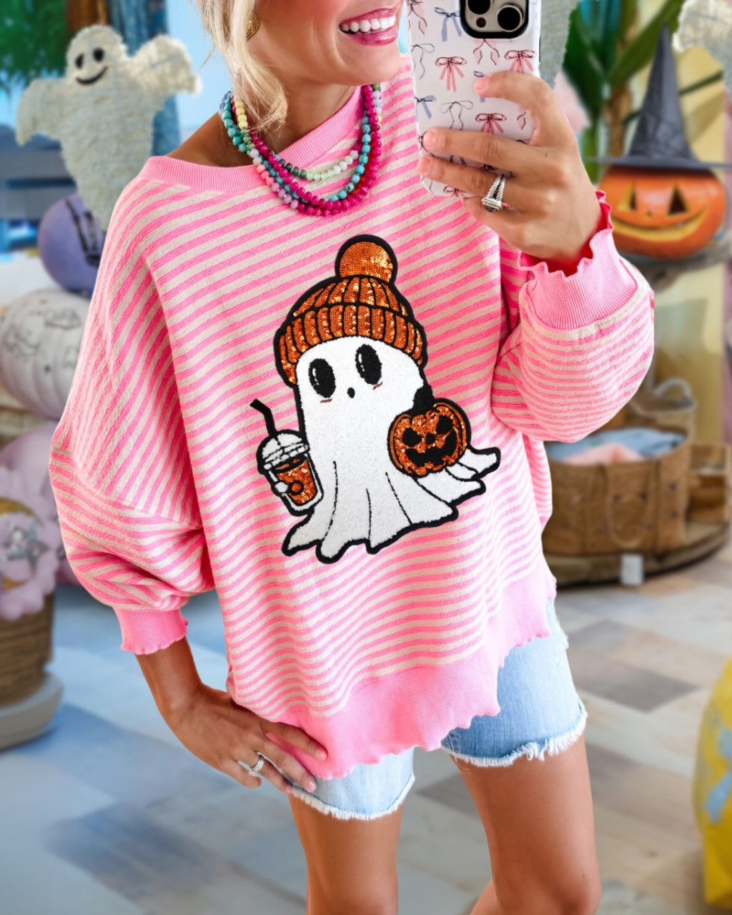Cute Ghost Latte Sequin Striped Pullover