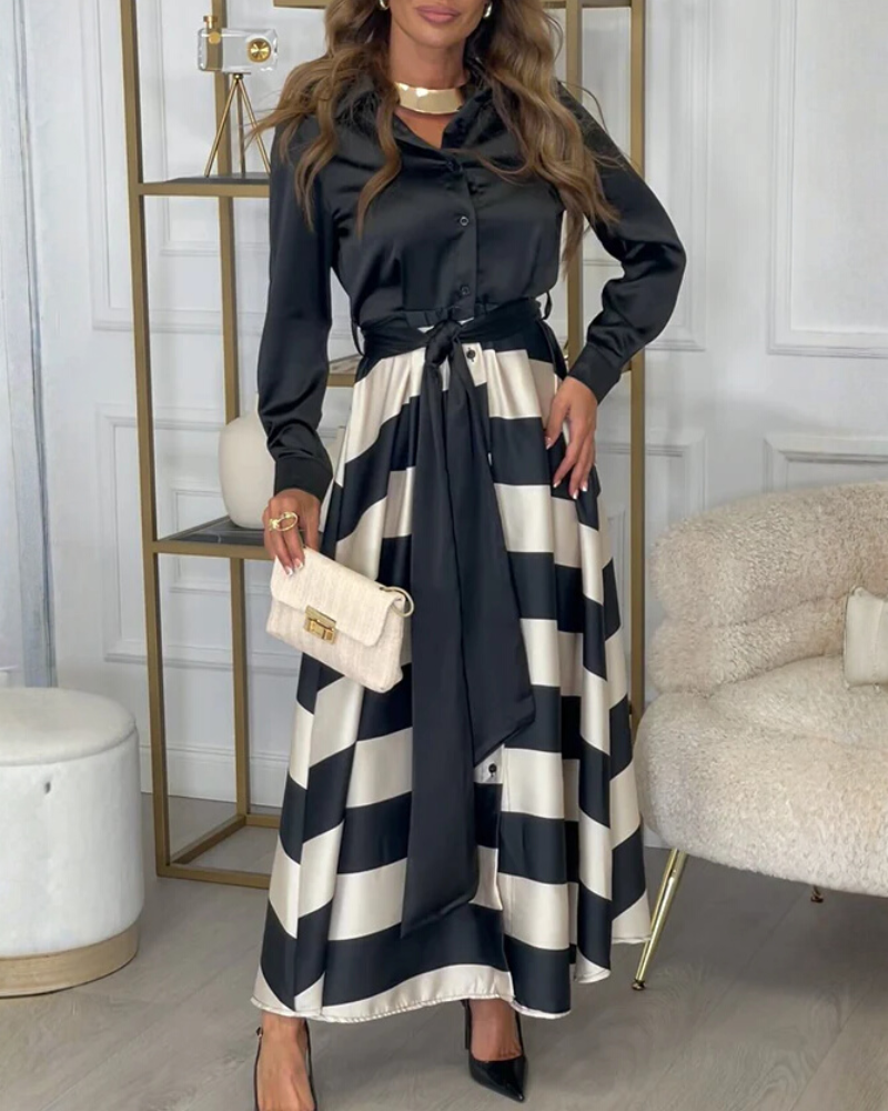 Striped Tie Stand Collar Satin Dress