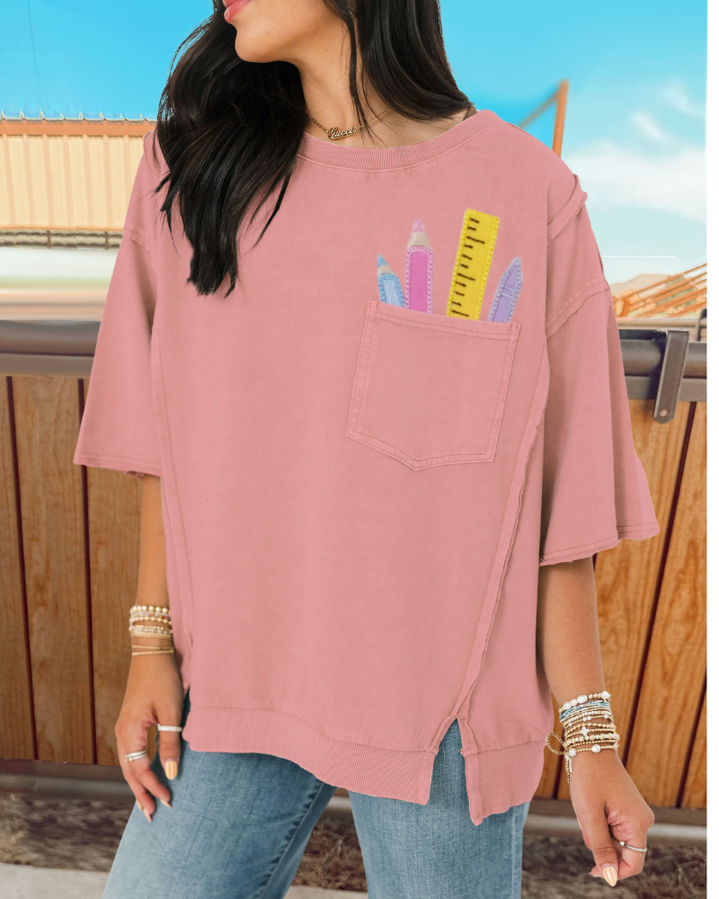 School Supplies Embroidered Pocket Top