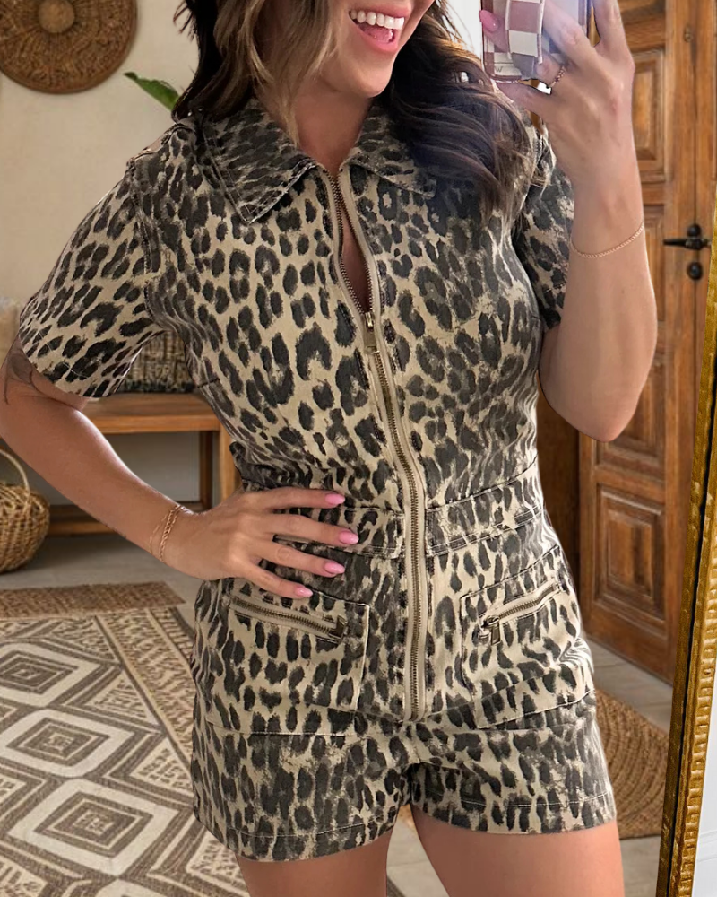 Trendy Leopard Washed Zipper Jumpsuit