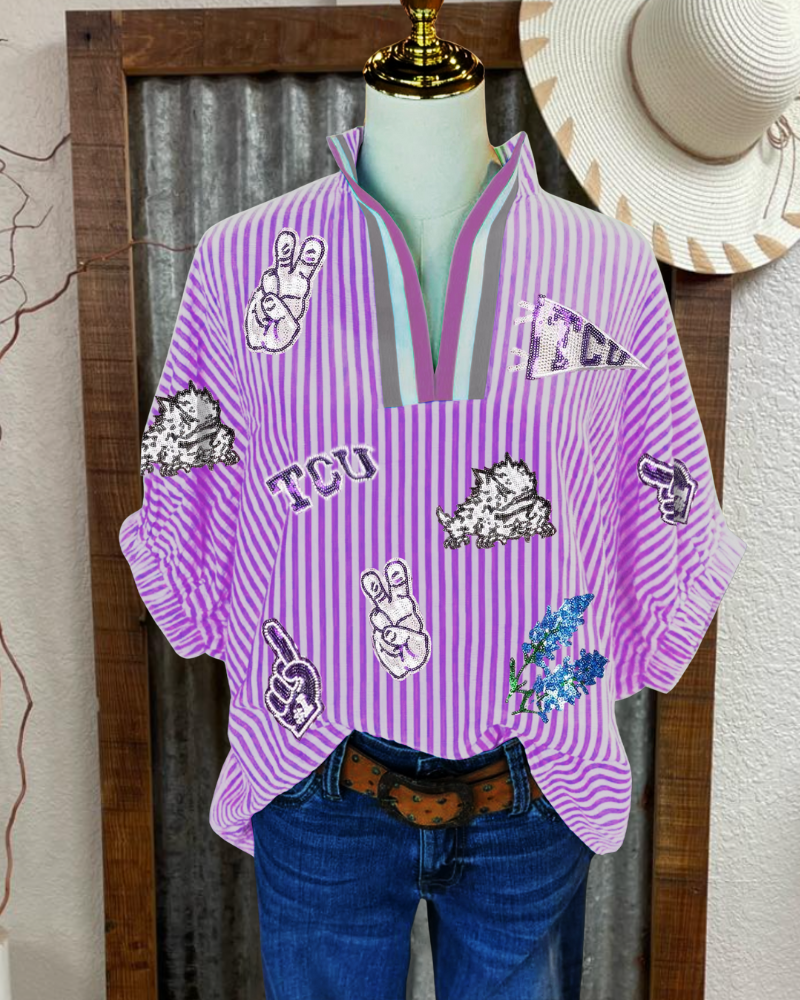 TCU Striped Sequined V-neck Top