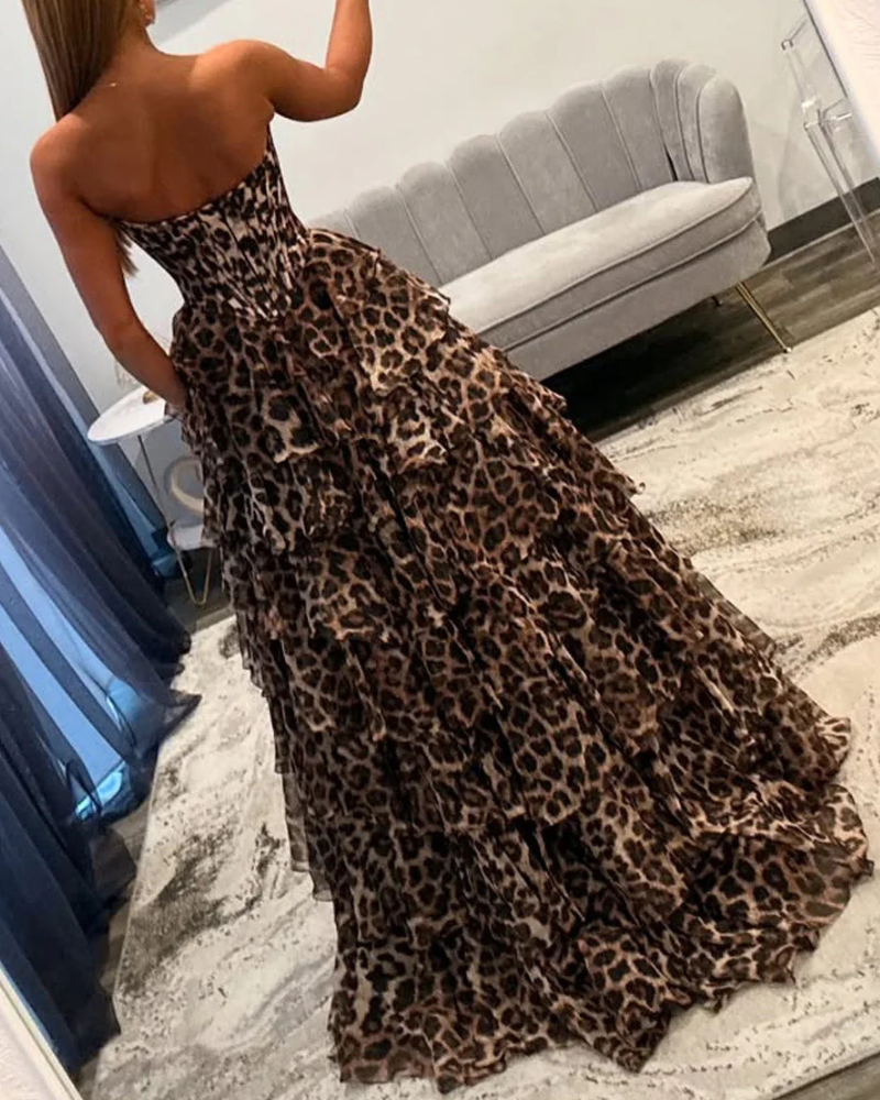 Leopard Strapless Layered Ruffle Maxi Dress