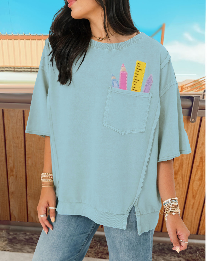 School Supplies Embroidered Pocket Top
