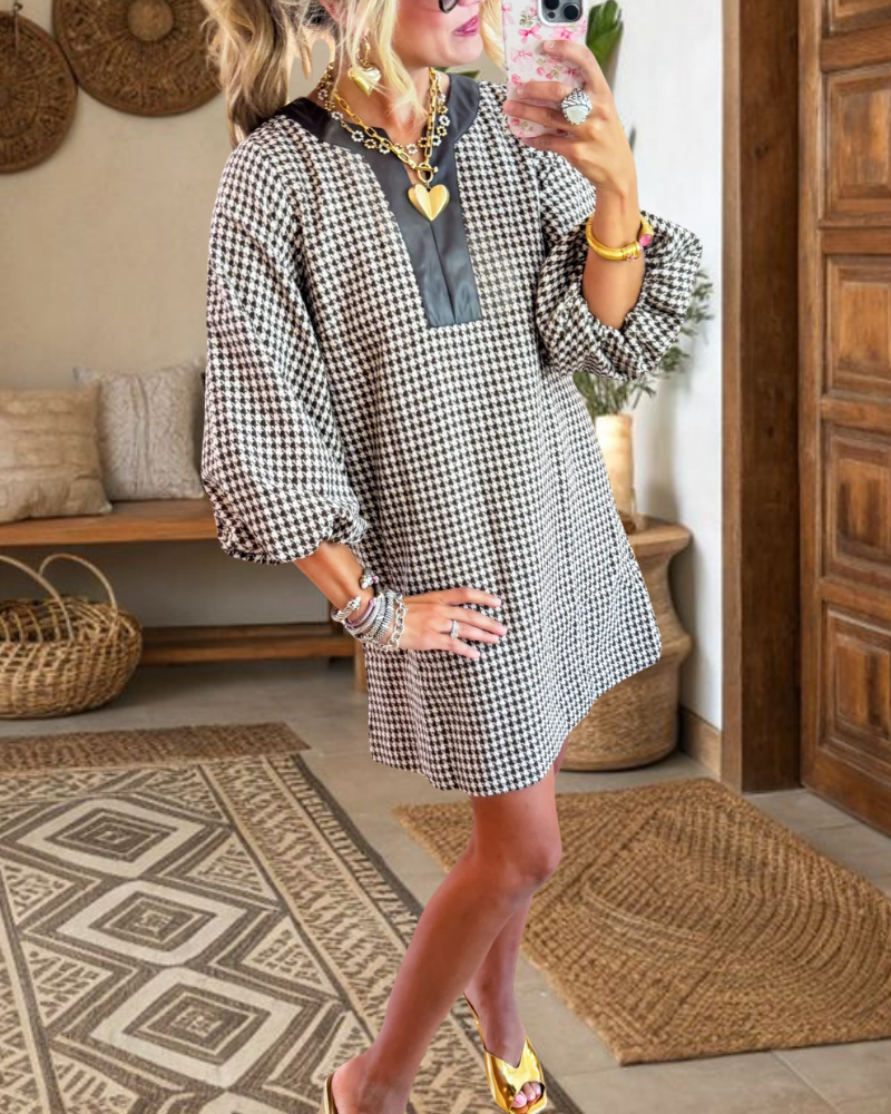 Woolen Houndstooth Puff Sleeve Dress