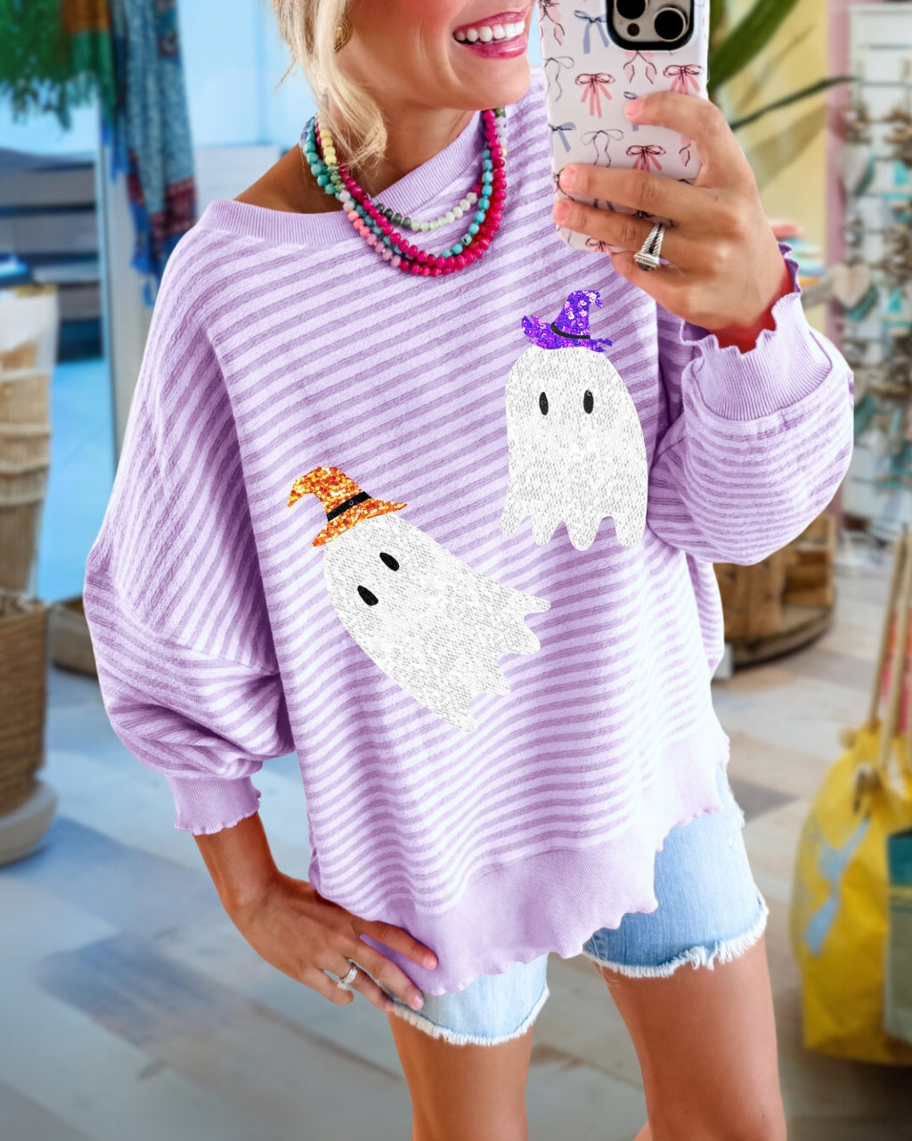 Sequin Ghost Striped Pullover