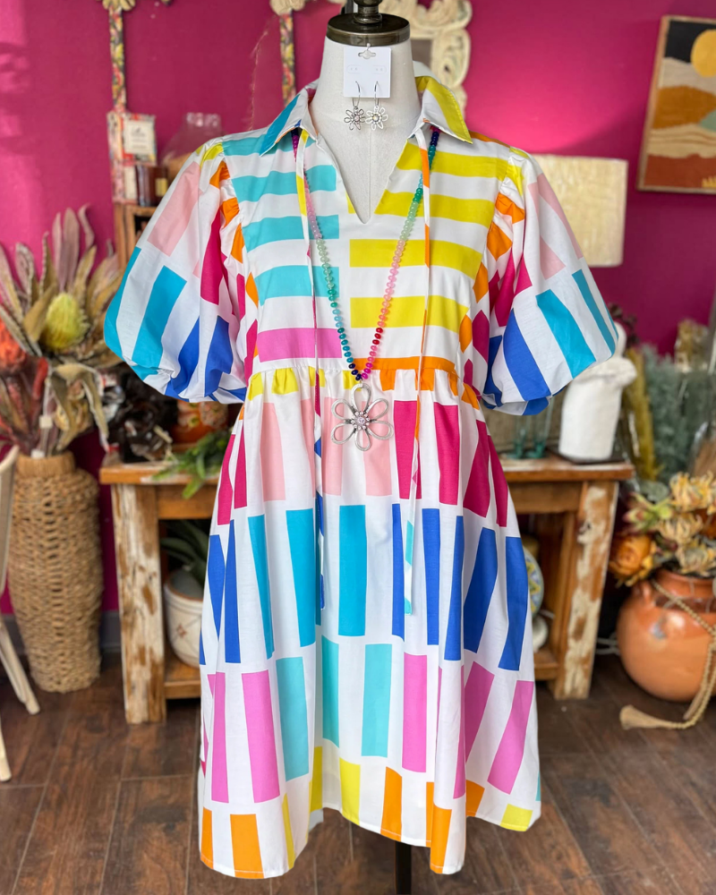 Playful Rainbow Check Satin Dress
