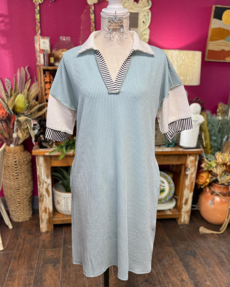 Pleated Striped Patchwork Sleeve Dress