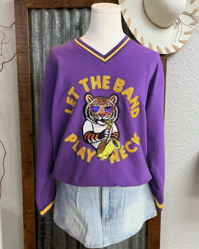 Let the Band Play Neck Sequin V-neck Sweatshirt