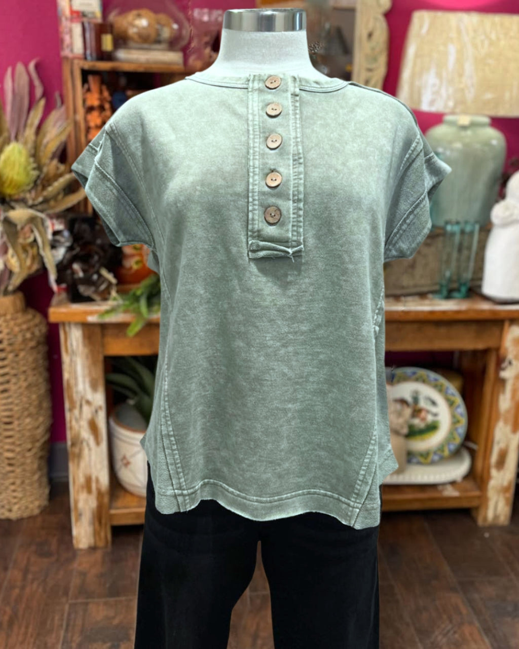 Washed Button  Cotton Tee