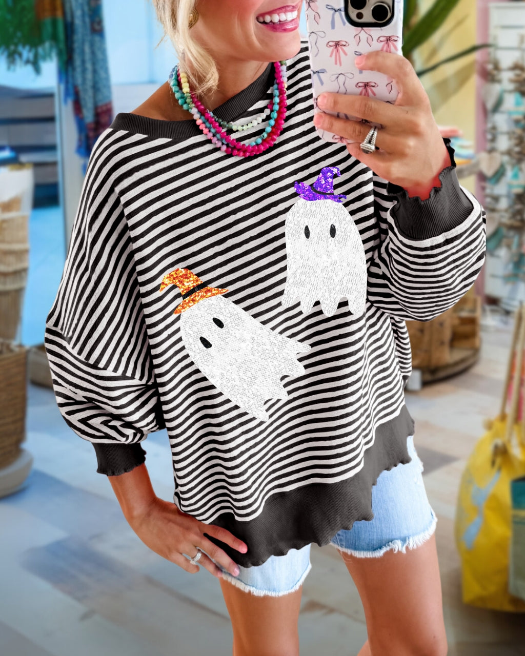 Sequin Ghost Striped Pullover