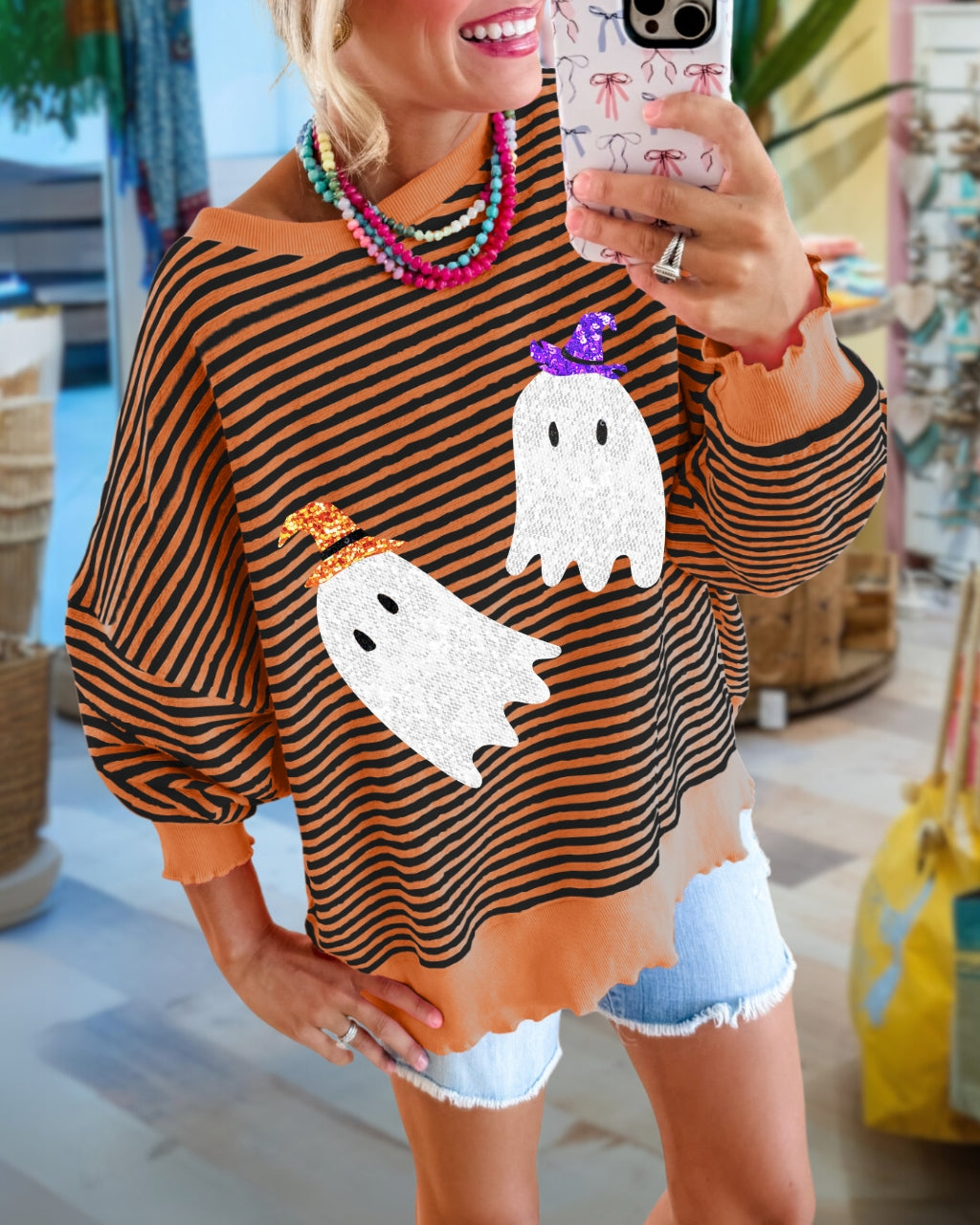 Sequin Ghost Striped Pullover