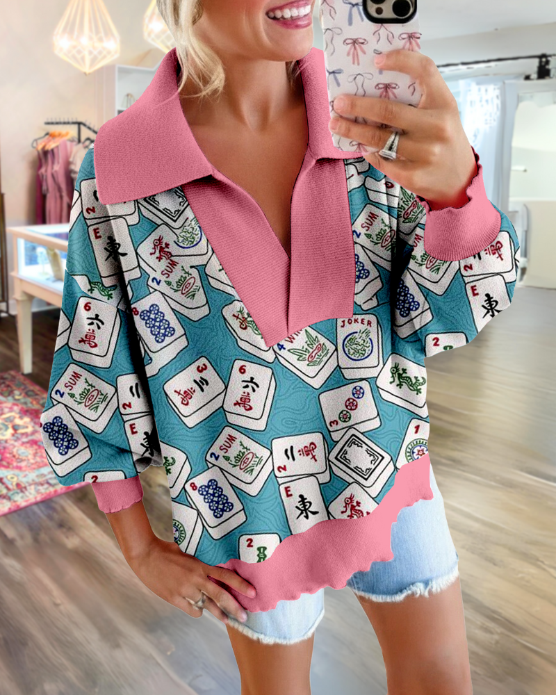 Casual Mahjong Half-Open Collar Pullover