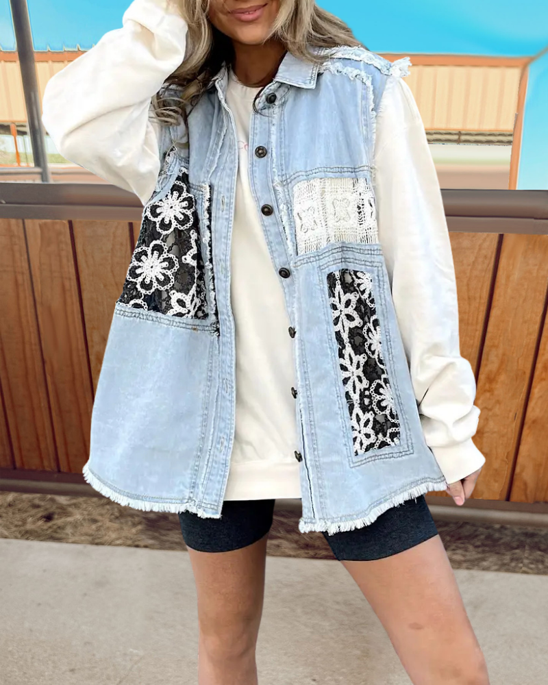 Floral Cutout Denim Vest Jacket