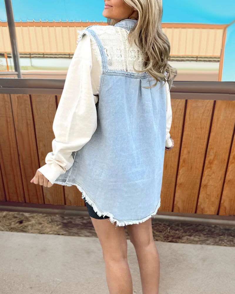 Floral Cutout Denim Vest Jacket