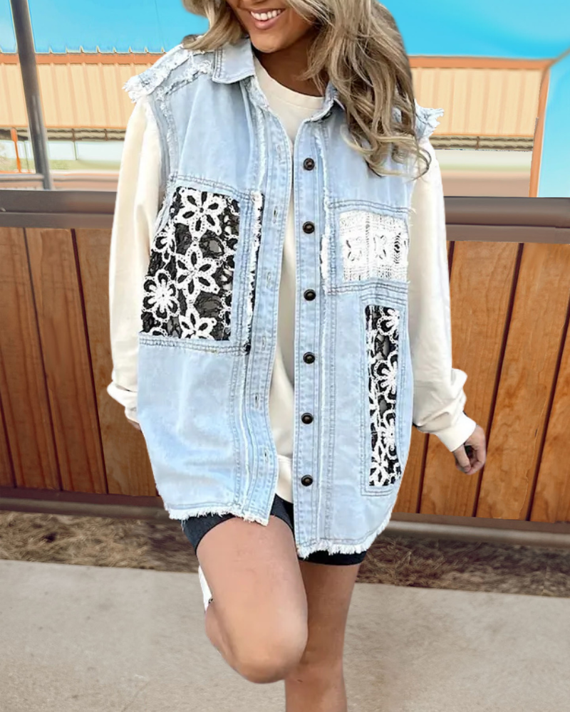 Floral Cutout Denim Vest Jacket
