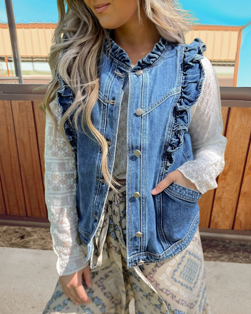 Ruffled Denim Vest Jacket