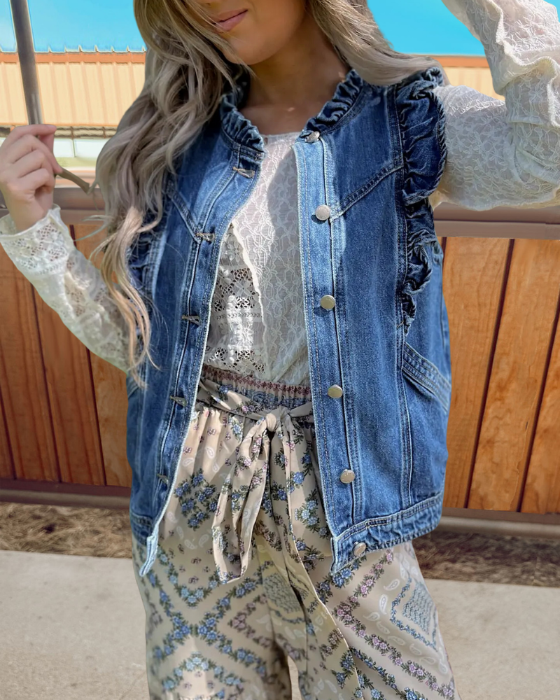 Ruffled Denim Vest Jacket