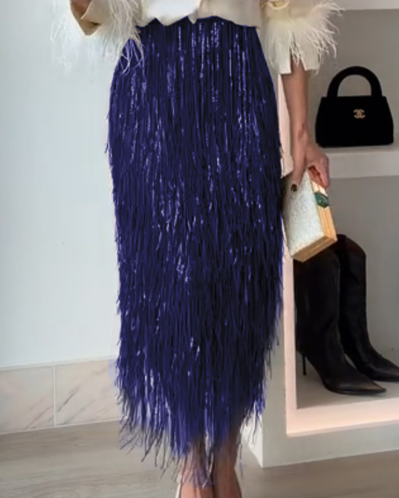 Tassel High-Waisted Midi Skirt