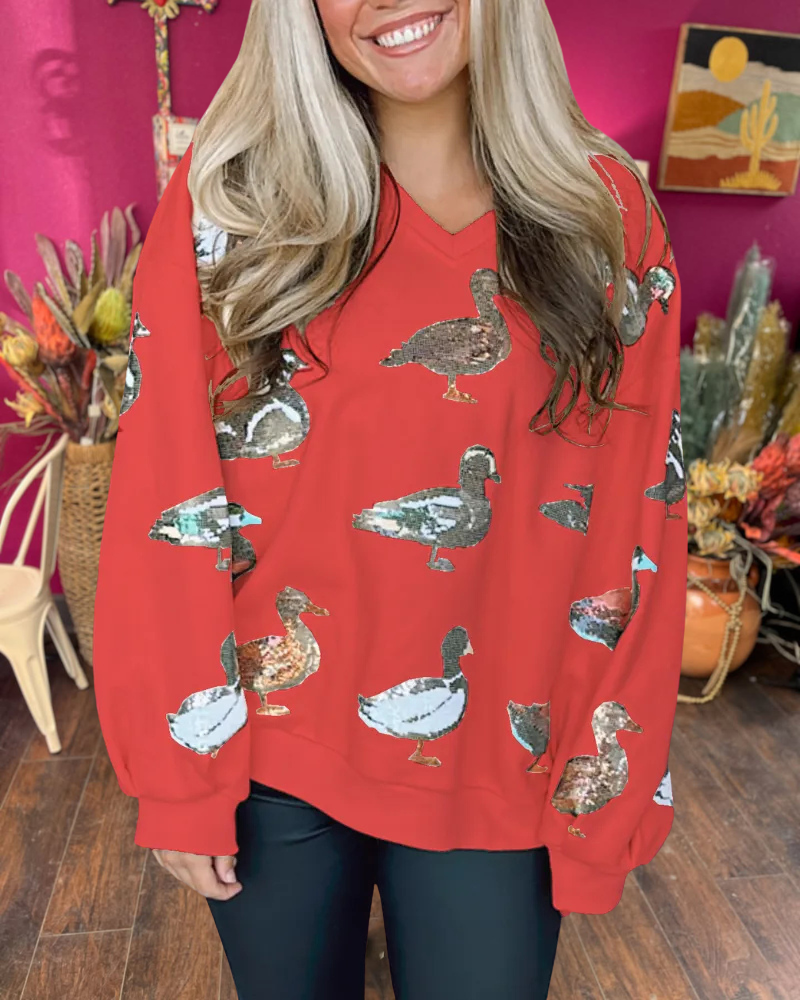 Scattered Duck Sequined V-Neck Sweatshirt
