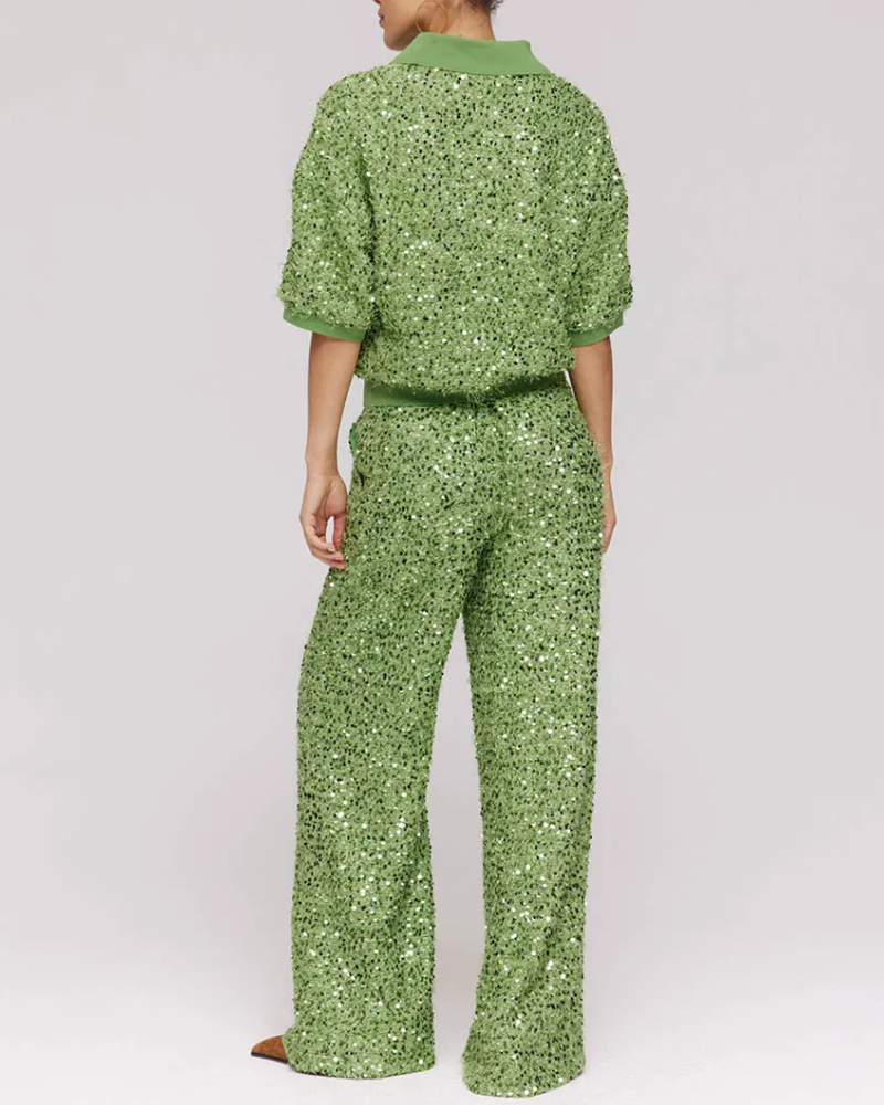 Sequined Lapel Button Pullover