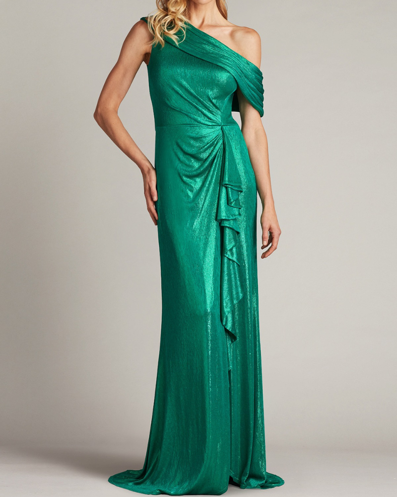 Metallic Pleated One-Shoulder Maxi Dress