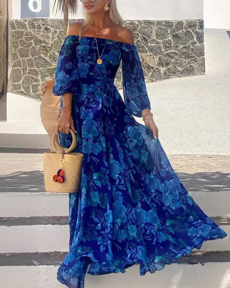 Floral Off-Shoulder Pleats Maxi Dress