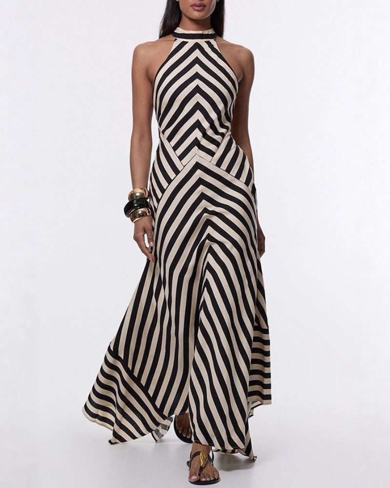 Striped Halterneck Satin Maxi Dress