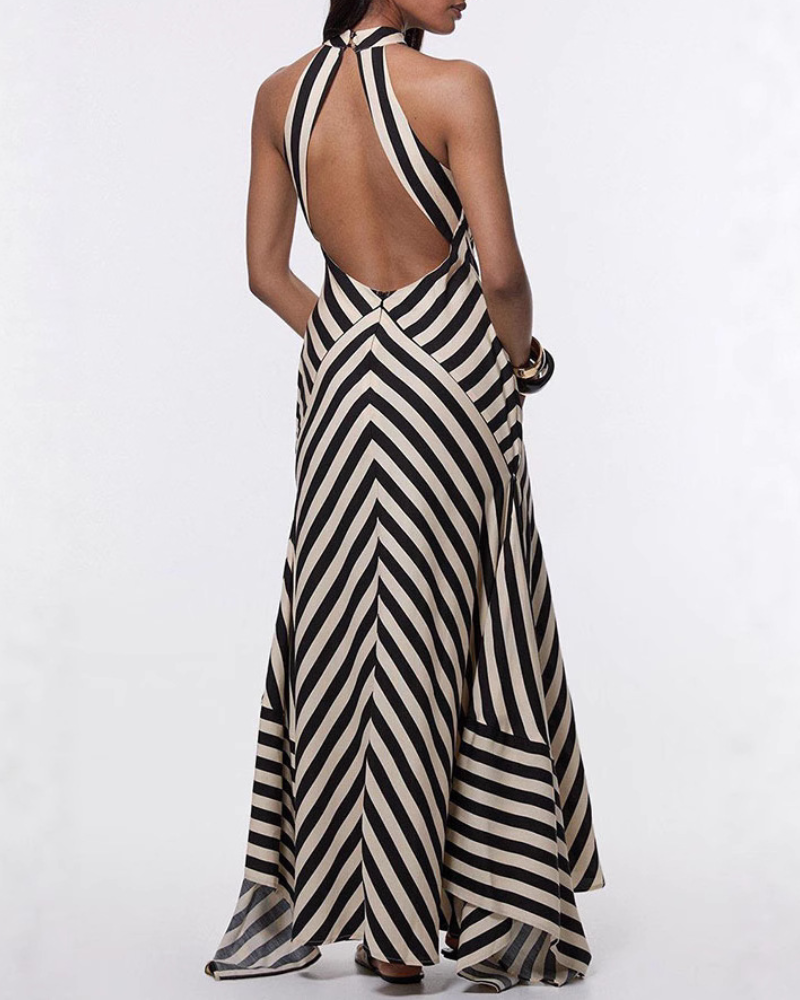 Striped Halterneck Satin Maxi Dress