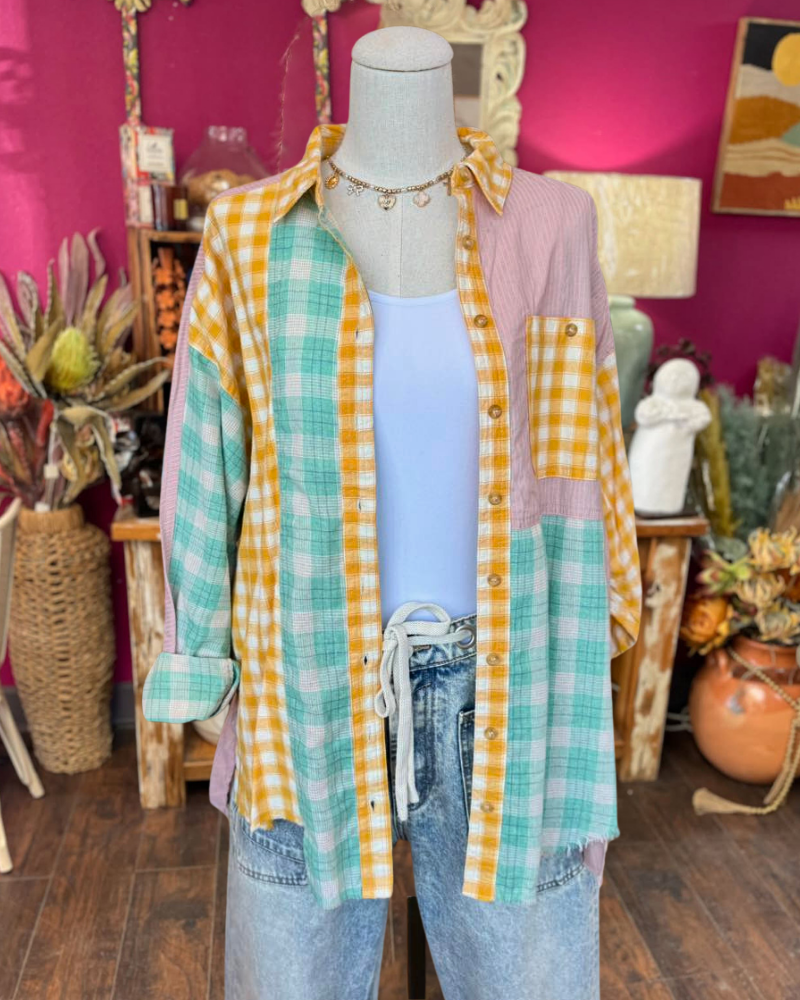Oversized Color Block Plaid Shirt
