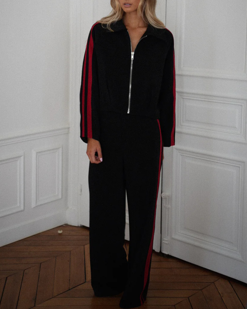 Minimalist Striped Lapel Zip Set