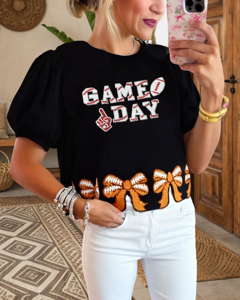 Game Day Bow Embroidered Top