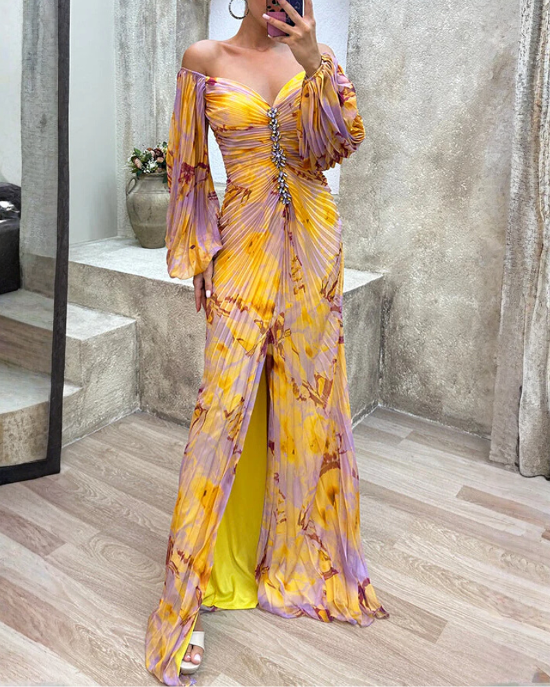 Off-Shoulder Pleated Slit Maxi Dress