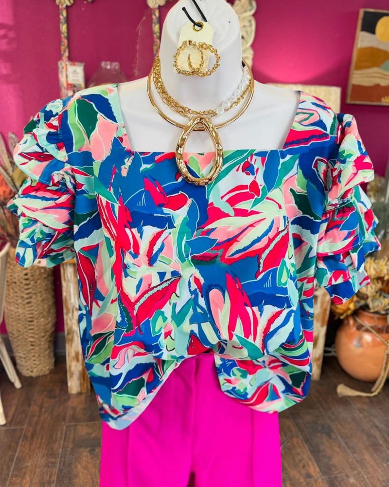 Abstract Floral Layered Sleeve Top