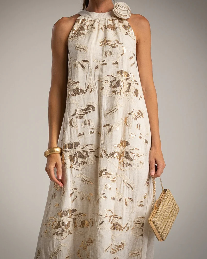 Chic Floral Crewneck Midi Dress