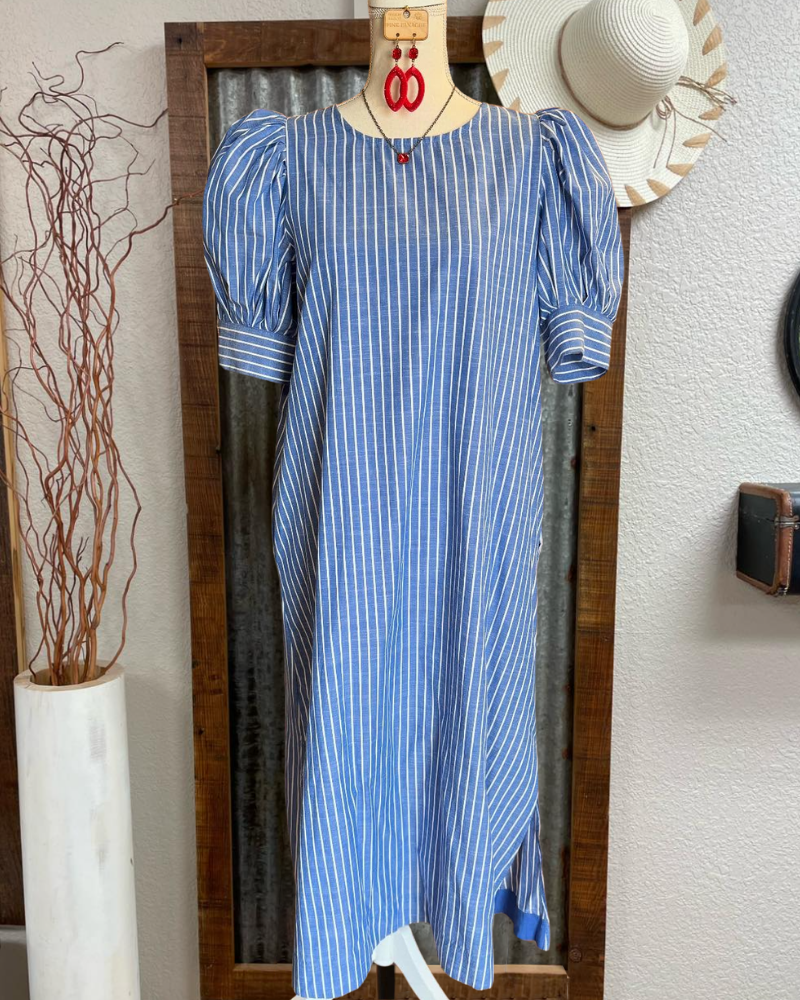 Striped Puff Sleeve Midi Dress