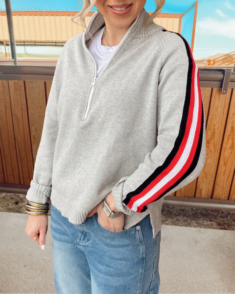 Stripe Trim Half-Zip Sweater