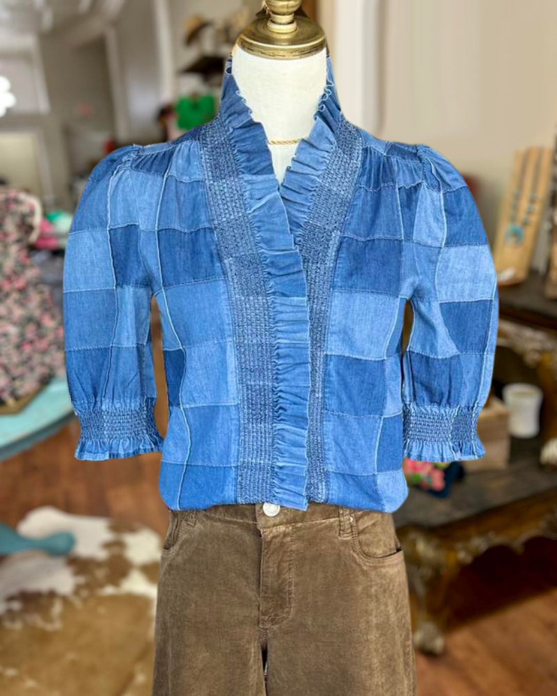 Trendy Ruffled Plaid Denim Top
